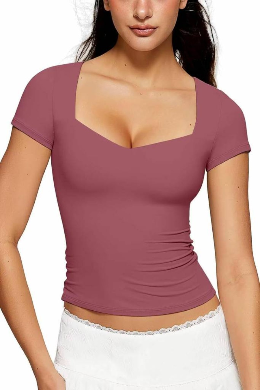 Vertvie Women's Slim Fit Sweetheart Neckline T-Shirt - Double Lined Short Sleeve Basic Tee for Going Out