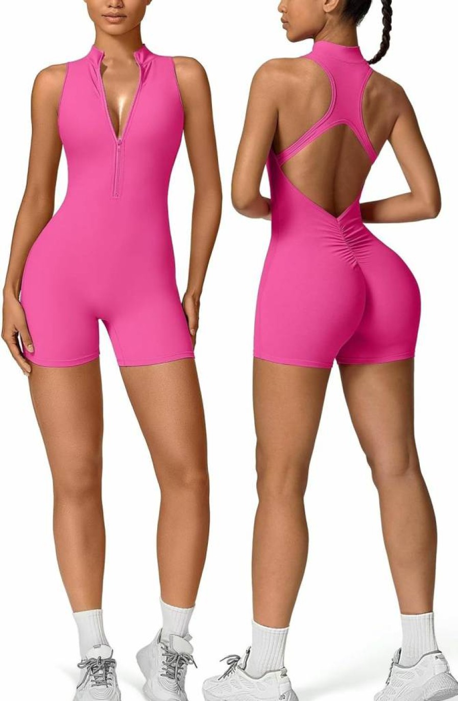 Vertvie Women's V-Back Scrunch Yoga Bodysuit - Sleeveless Zip-Up Tummy Control Romper for Workouts