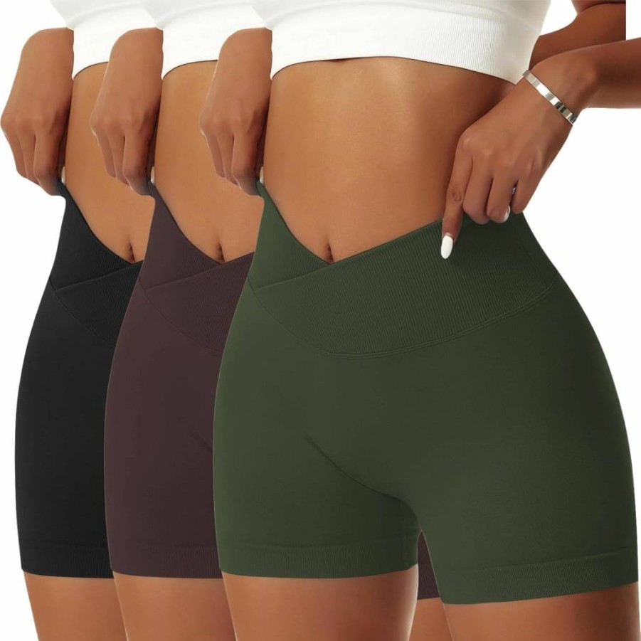 Vertvie Women's High Waisted Yoga Shorts 3-Pack - Scrunch Butt Crossover Gym & Running Shorts