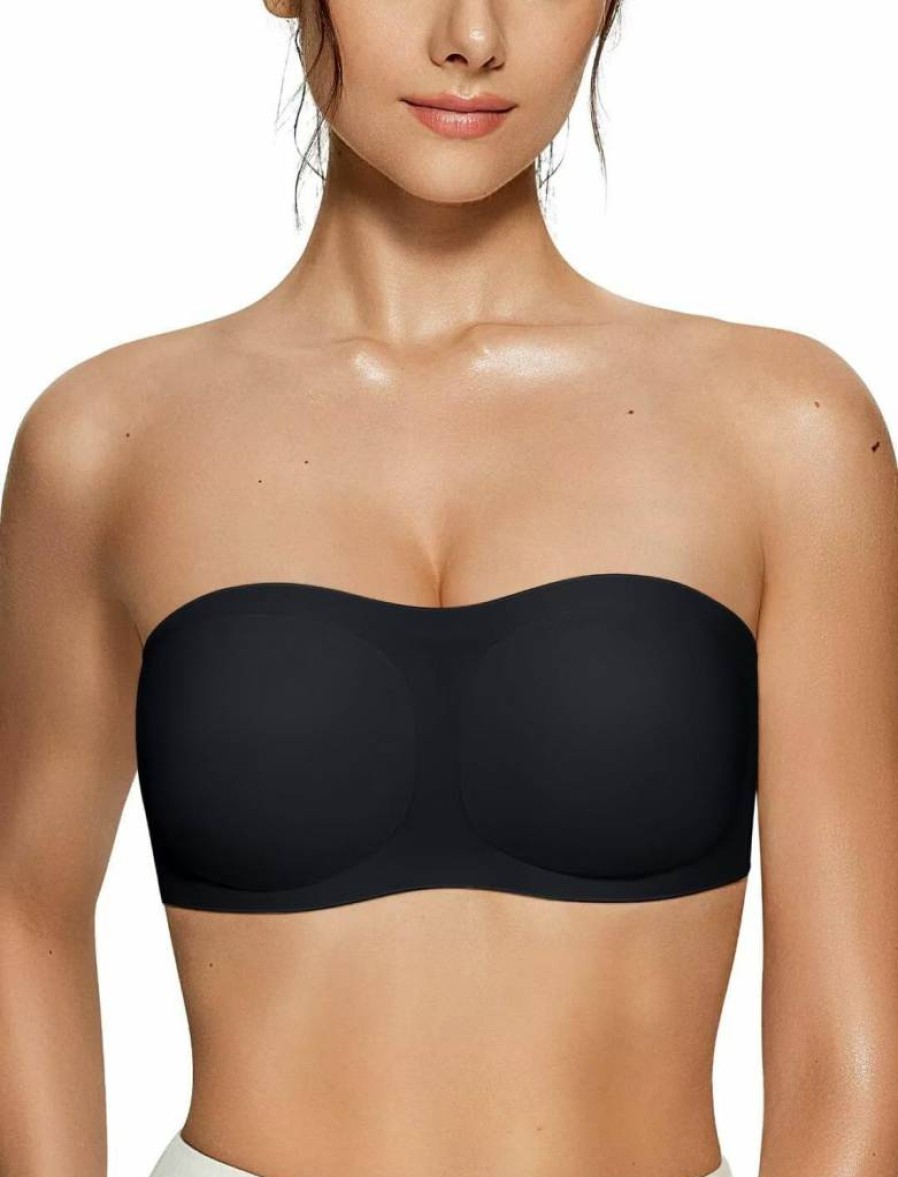 Vertvie Wireless Strapless Bra for Women - Push Up Bandeau, Non-Slip Silicone Tube Top Bra, Medium, Black
