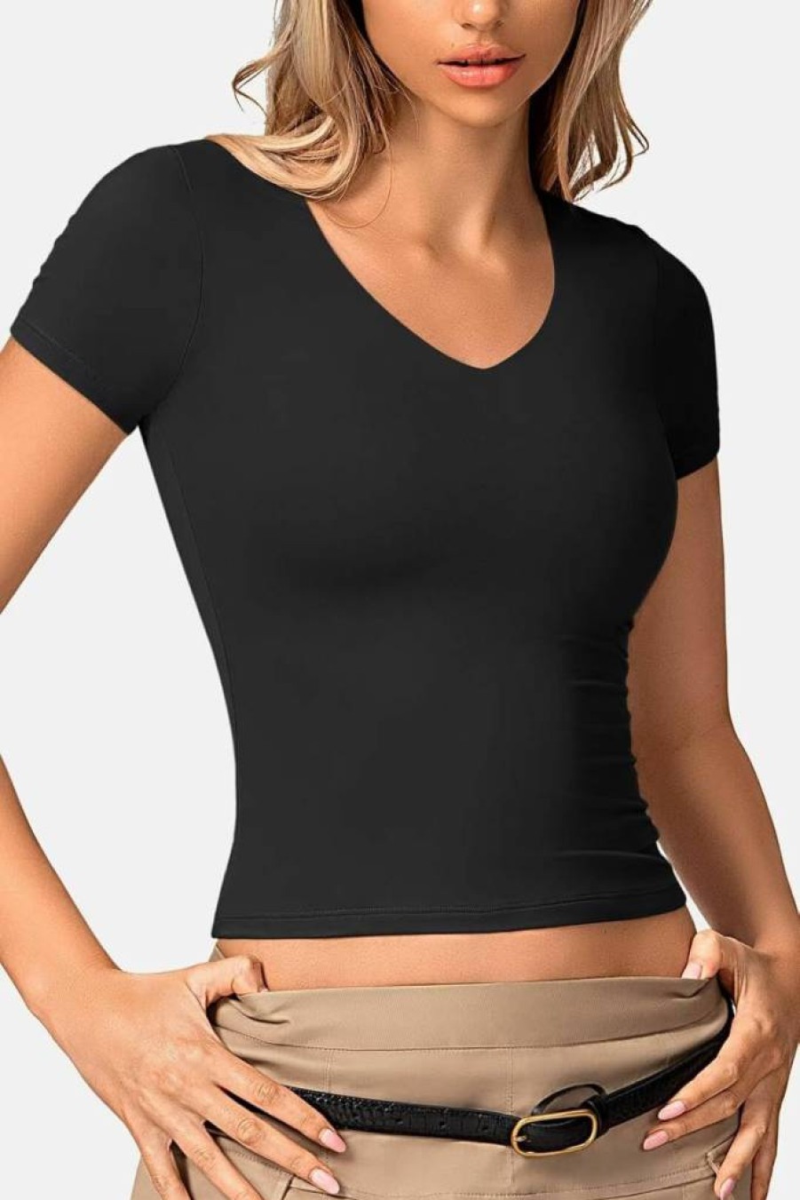 Vertvie Women's Slim Fit V-Neck T-Shirt - Double Lined Stretch Top for a Sexy Silhouette - Black Short Sleeve Tee