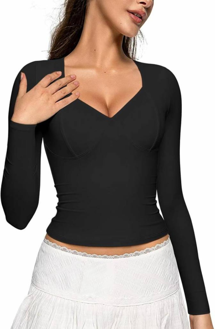 Vertvie Women's Y2K Slim Fit Long Sleeve V-Neck Crop Top - Double Lined Casual Tee for Going Out