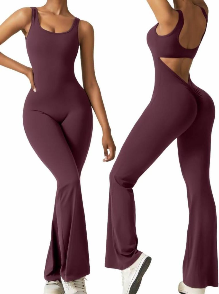 Vertvie Women's Sexy Backless V-Neck Sleeveless Flare Jumpsuit - Bodycon Yoga Romper for Workout & Casual Wear