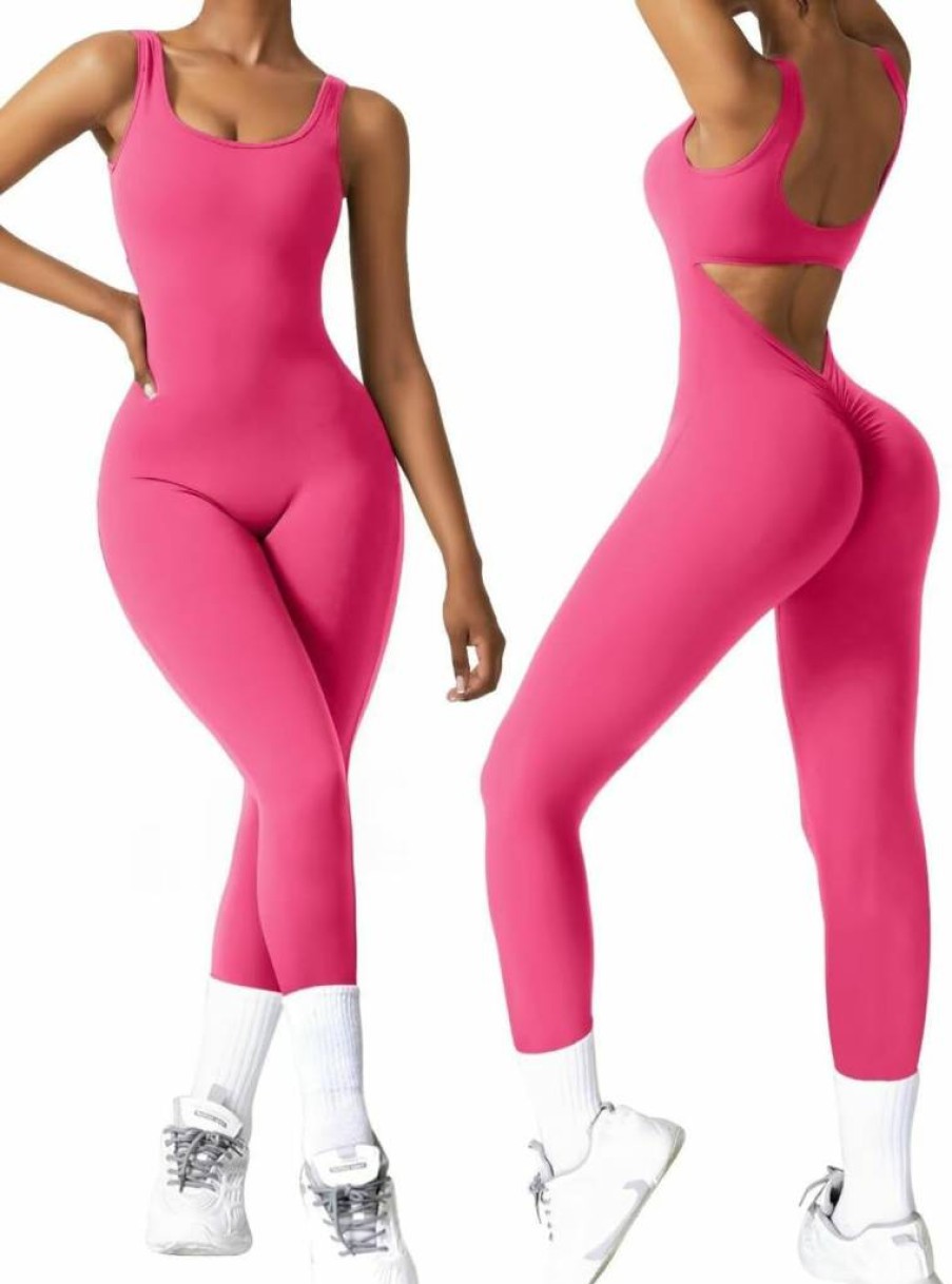 Vertvie Women's Seamless V-Back Yoga Romper - Sleeveless Jumpsuit for Workout, Scrunch Butt & Sexy Backless Design