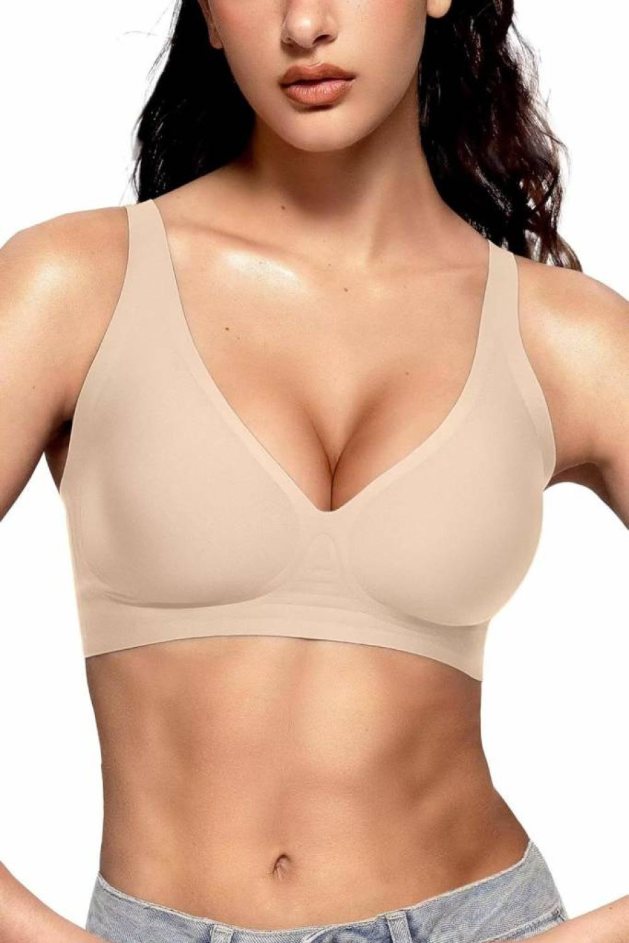 Vertvie Women's Wireless Push Up Bra - Seamless Deep V Plunge Bralette, Full Coverage T-Shirt Bra, No Underwire Comfort Support