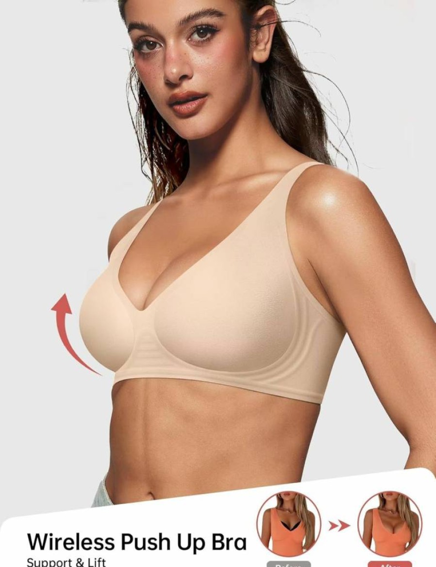 Vertvie Women's Wireless Push Up Bra - Seamless Deep V Plunge Bralette, Full Coverage T-Shirt Bra, No Underwire Comfort Support