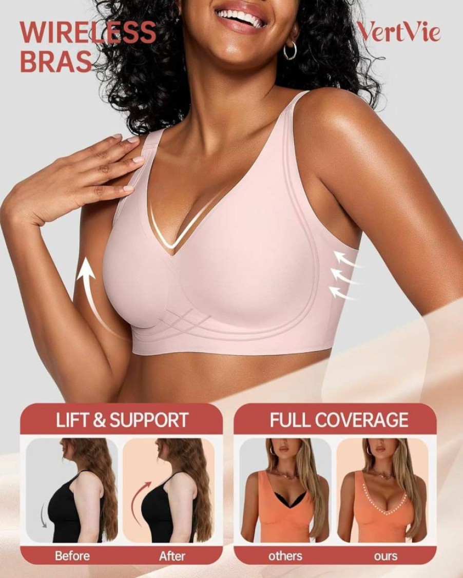 Vertvie Women's Comfortable Seamless Wireless Bra - Racerback Bralette for Support & Sleep, No Underwire Push Up Deep V Design