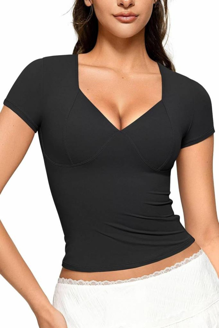 Vertvie Women's Y2K V-Neck Slim Fit T-Shirt - Double Lined Short Sleeve Summer Top for Going Out (2024 Trendy Basic Tee)