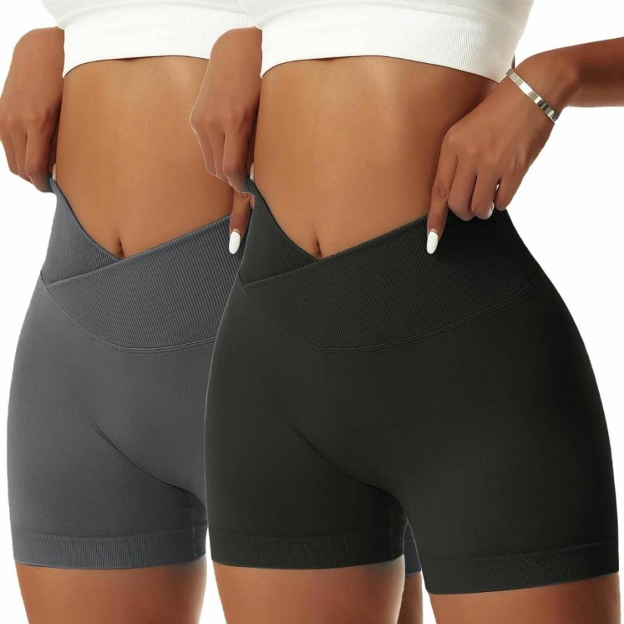 Vertvie Women's High Waisted Workout Shorts - 2 Pack Booty Lifting Yoga Shorts with V Cross Design for Gym & Athletic Wear