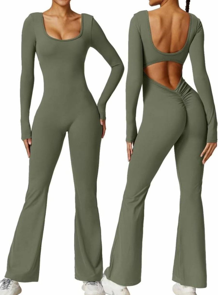 Vertvie Women's Sexy V-Back Workout Bodysuit - Long Sleeve Scrunch Butt Flare Jumpsuit for Women, Backless Padded Romper