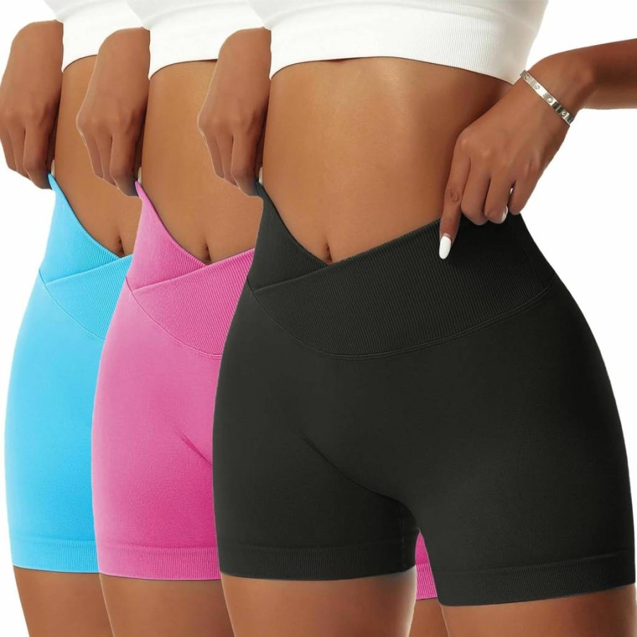 Vertvie Women's High Waisted Yoga Shorts 3-Pack - Scrunch Butt Crossover Gym & Running Shorts for Workout