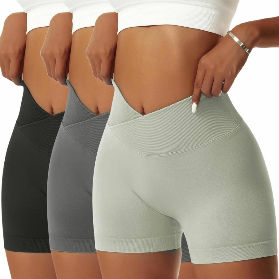 Vertvie Women's High Waisted Yoga Shorts 3-Pack - Scrunch Butt Crossover Gym Running Workout Biker Shorts