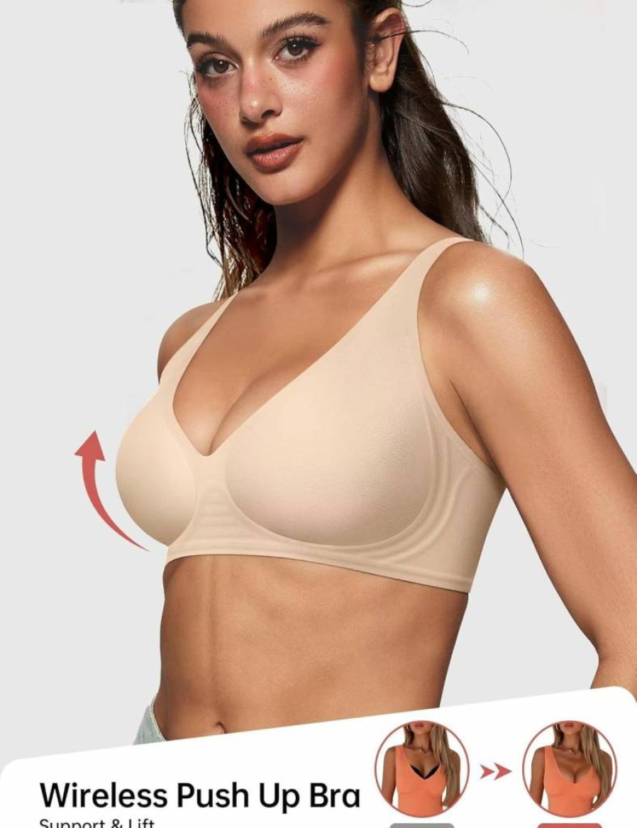 Vertvie Women's Wireless Push-Up Bra - Seamless Deep V Plunge Bralette, Full Coverage T-Shirt Bra, No Underwire Comfort Support