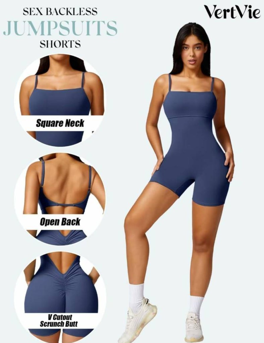 Vertvie Women's Sleeveless V-Back Yoga Jumpsuit - Tummy Control Workout Romper with Scrunch Detail for Fitness & Lounge