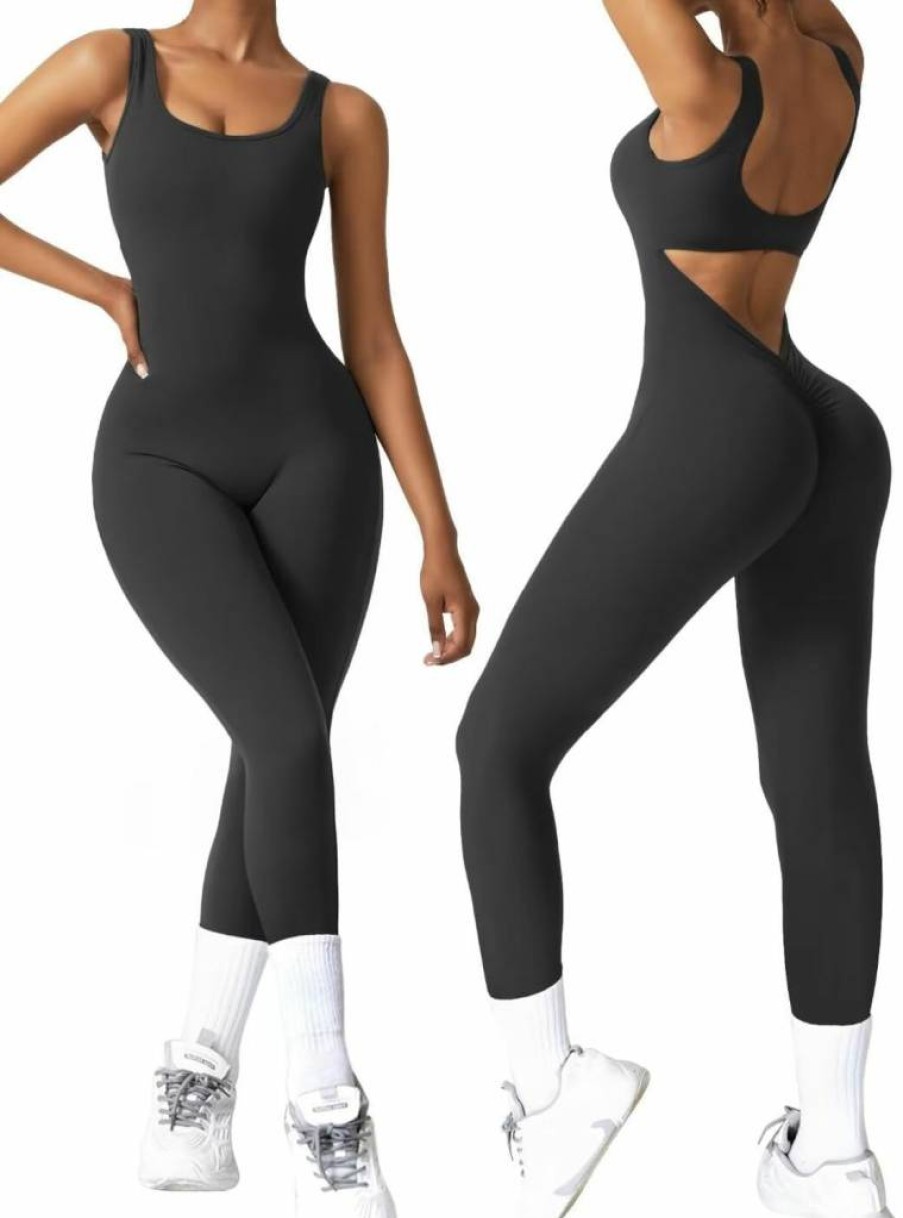Vertvie Women's Seamless V-Back Yoga Romper - Sleeveless Workout Jumpsuit with Scrunch Butt Detail