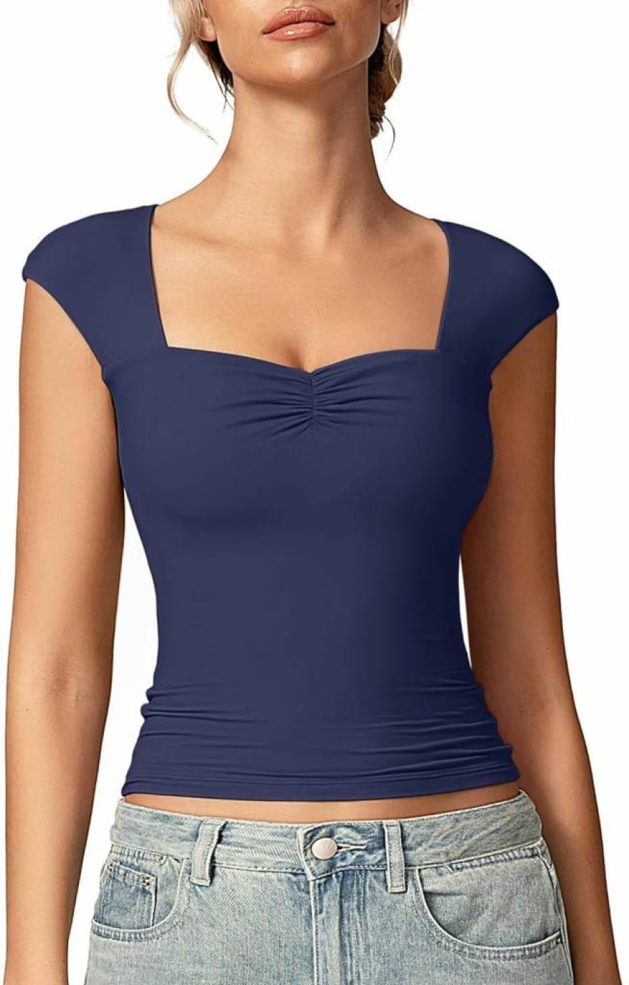 Vertvie Women's Built-In Bra Summer Top - Sweetheart Neckline, Cap Sleeve, Fitted Double-Lined T-Shirt for Going Out