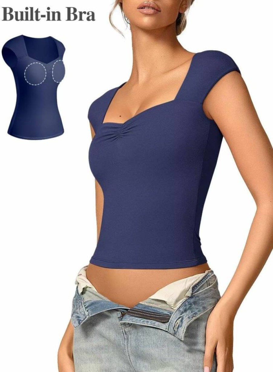 Vertvie Women's Built-In Bra Summer Top - Sweetheart Neckline, Cap Sleeve, Fitted Double-Lined T-Shirt for Going Out