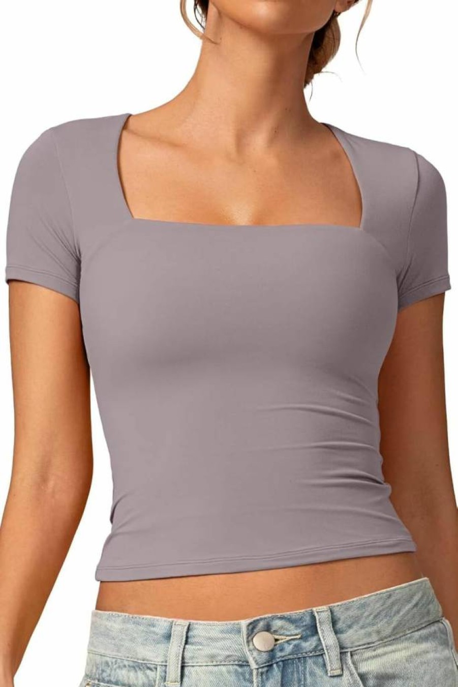 Vertvie Women's Slim Fit Square Neck Short Sleeve T-Shirt - Double Lined Soft Basic Tee for Going Out