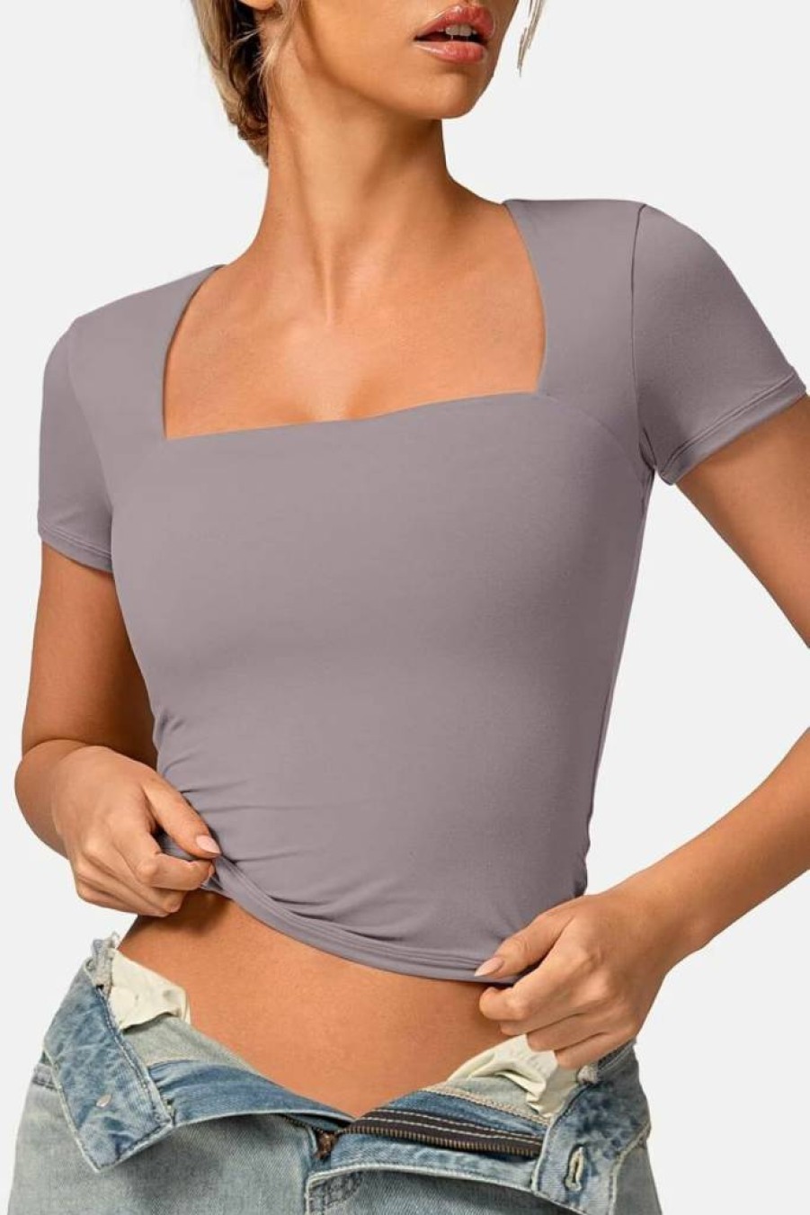 Vertvie Women's Slim Fit Square Neck Short Sleeve T-Shirt - Double Lined Soft Basic Tee for Going Out