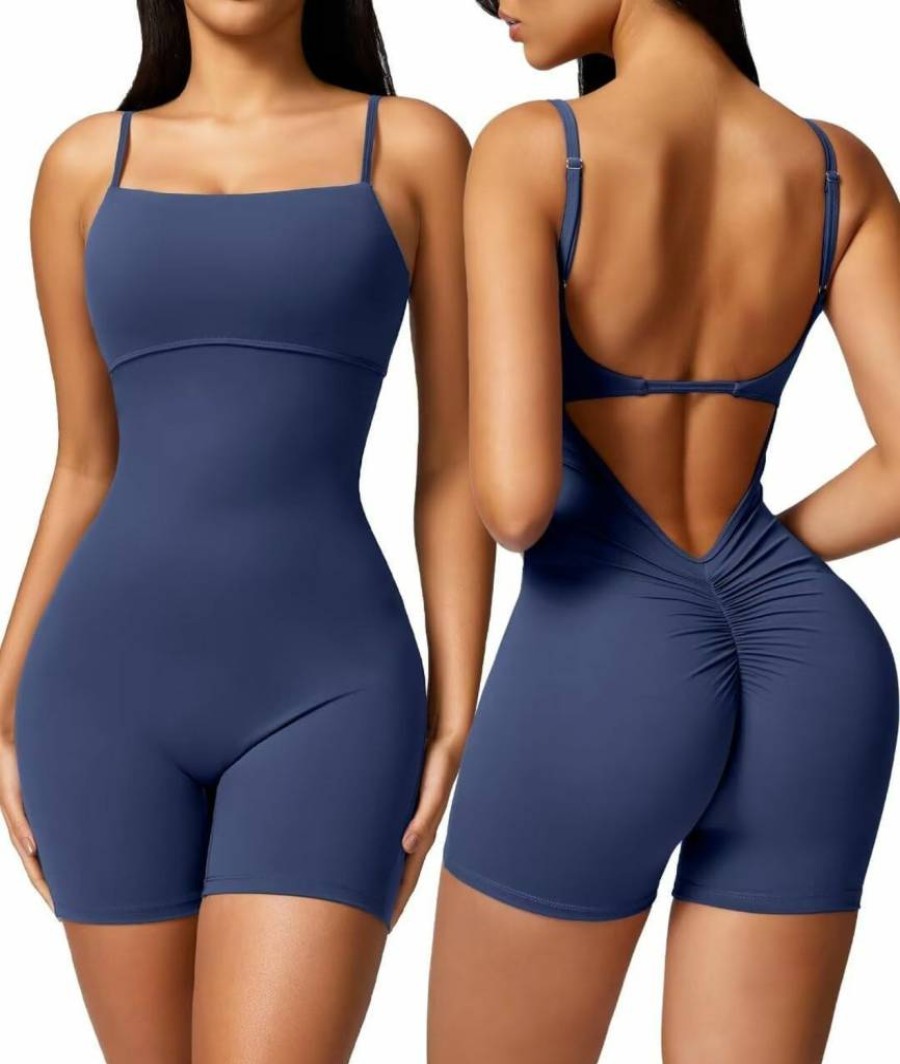 Vertvie Women's Sleeveless V-Back Yoga Jumpsuit - Tummy Control Workout Romper with Scrunch Detail for Fitness & Lounge