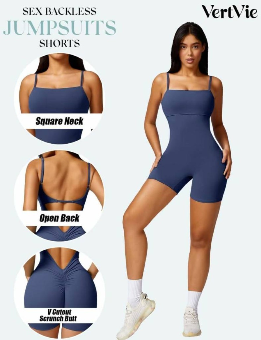 Vertvie Women's Sleeveless V-Back Yoga Jumpsuit - Tummy Control Workout Romper with Scrunch Detail for Fitness & Lounge