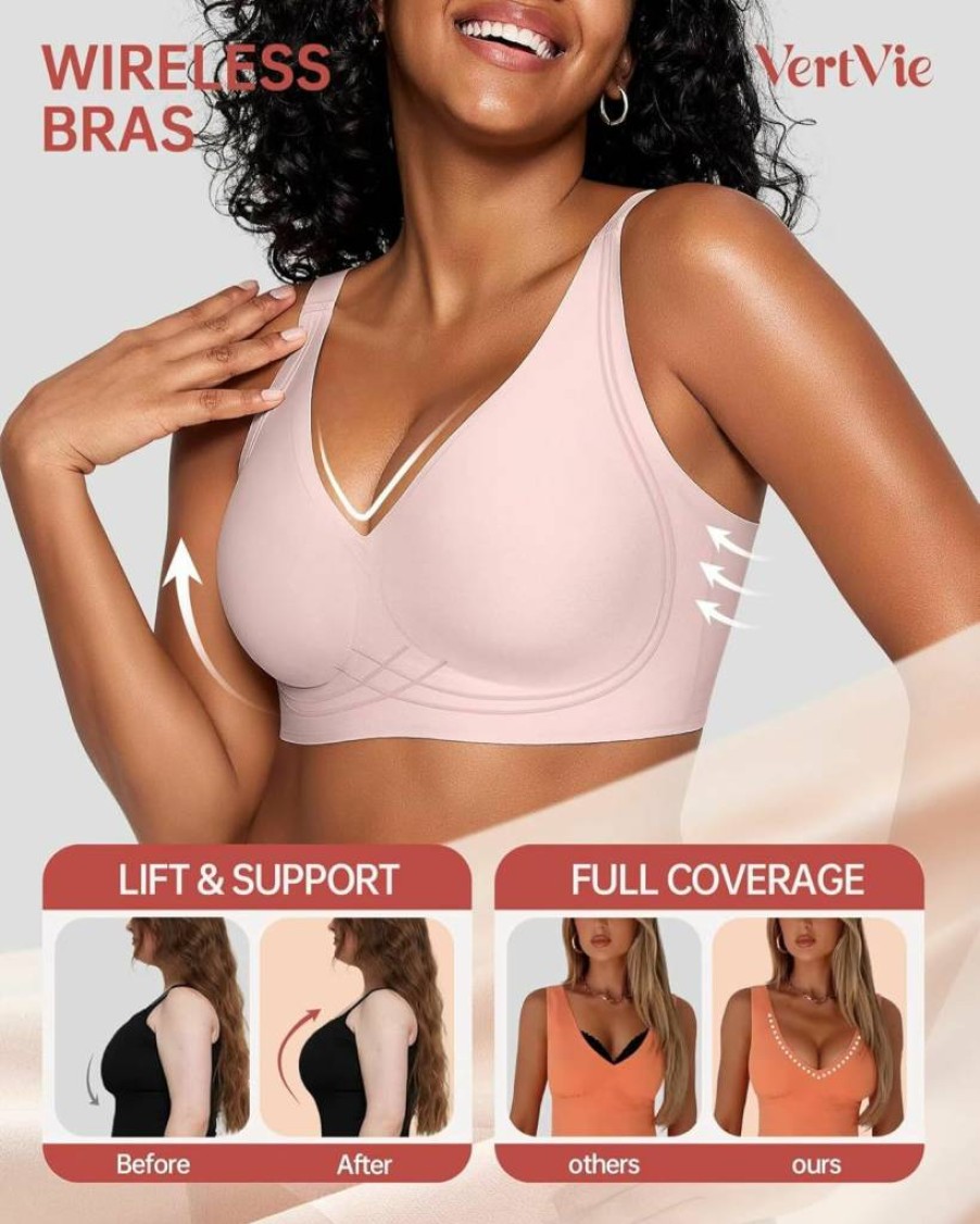 Vertvie Wireless Push Up Bra for Women - Comfortable Seamless Deep V Racerback Bralette, Supportive Sleep Bra No Underwire