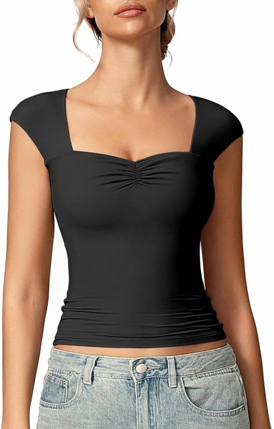 Vertvie Women's Built-In Bra Summer T-Shirt - Sweetheart Neckline, Cap Sleeve, Fitted Double Lined Top for Going Out