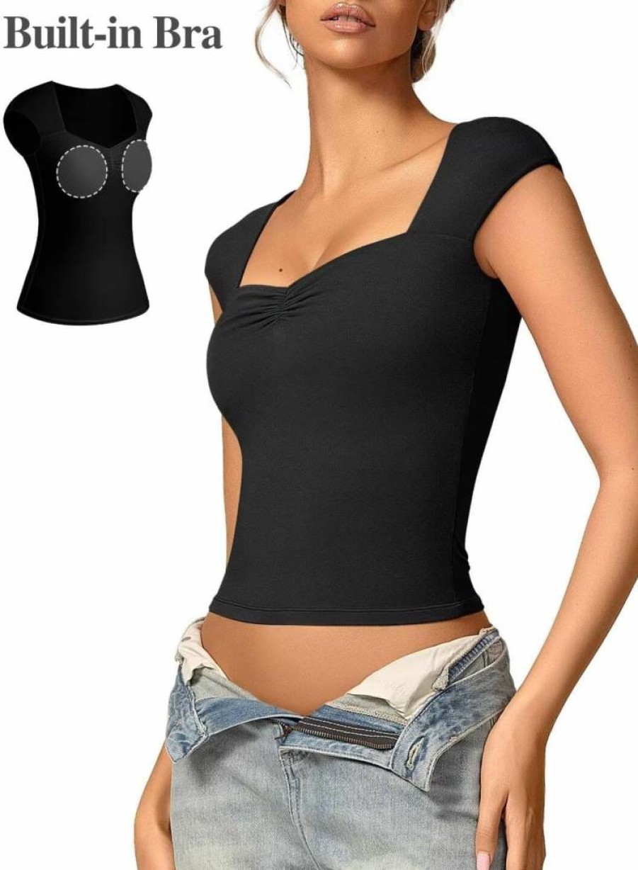 Vertvie Women's Built-In Bra Summer T-Shirt - Sweetheart Neckline, Cap Sleeve, Fitted Double Lined Top for Going Out