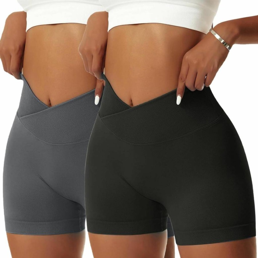 Vertvie Women's High Waisted Workout Shorts - 2 Pack Booty Lifting Yoga Gym Shorts with Scrunch Butt & V Cross Design
