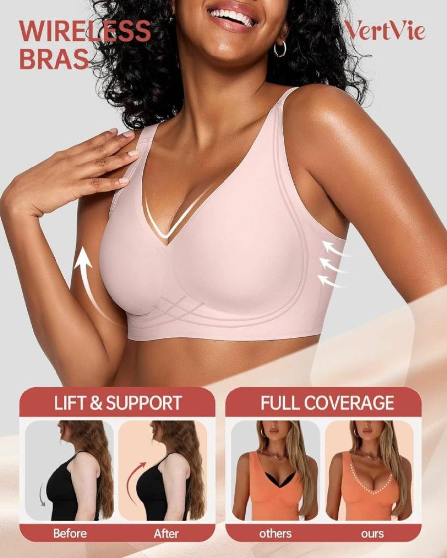 Vertvie Women's Comfortable Seamless Racerback Bralette - Wireless, Supportive, Push-Up, Sleep Bra - Deep V Neck No Underwire Bra