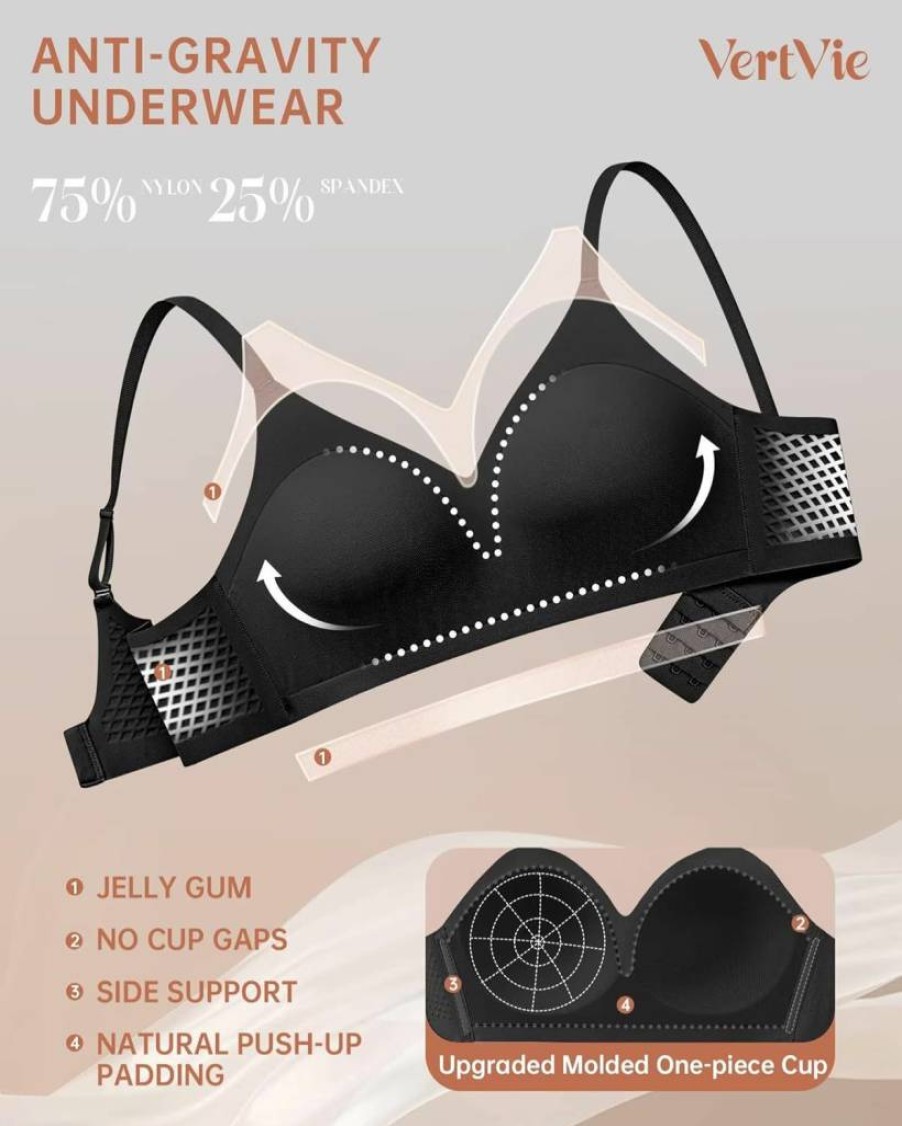 Vertvie Wireless Push Up Bra for Women - Seamless Full Coverage Comfort Bralette, No Underwire, Molded Cup Support