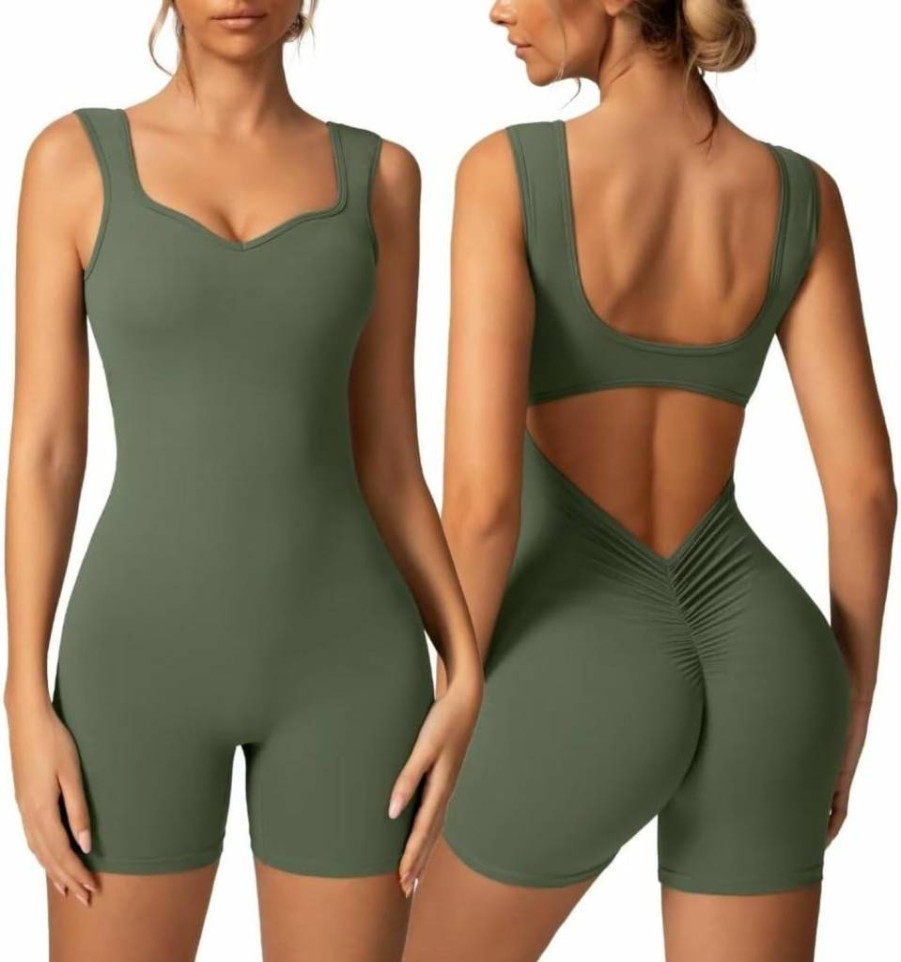 Vertvie Women's Workout Jumpsuit - Sleeveless Yoga Romper with V Back, Tummy Control & Scrunch Detail for Fitness & Active Wear
