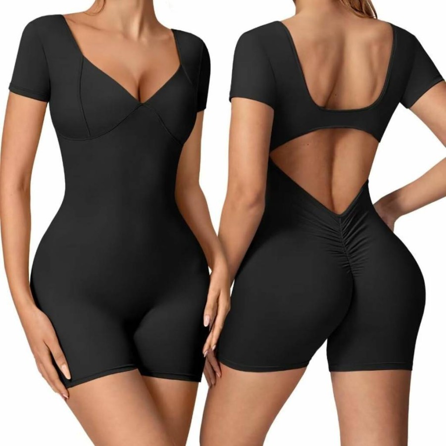 Vertvie Women's V-Back Tummy Control Romper - Backless Yoga Jumpsuit for Workout & Summer