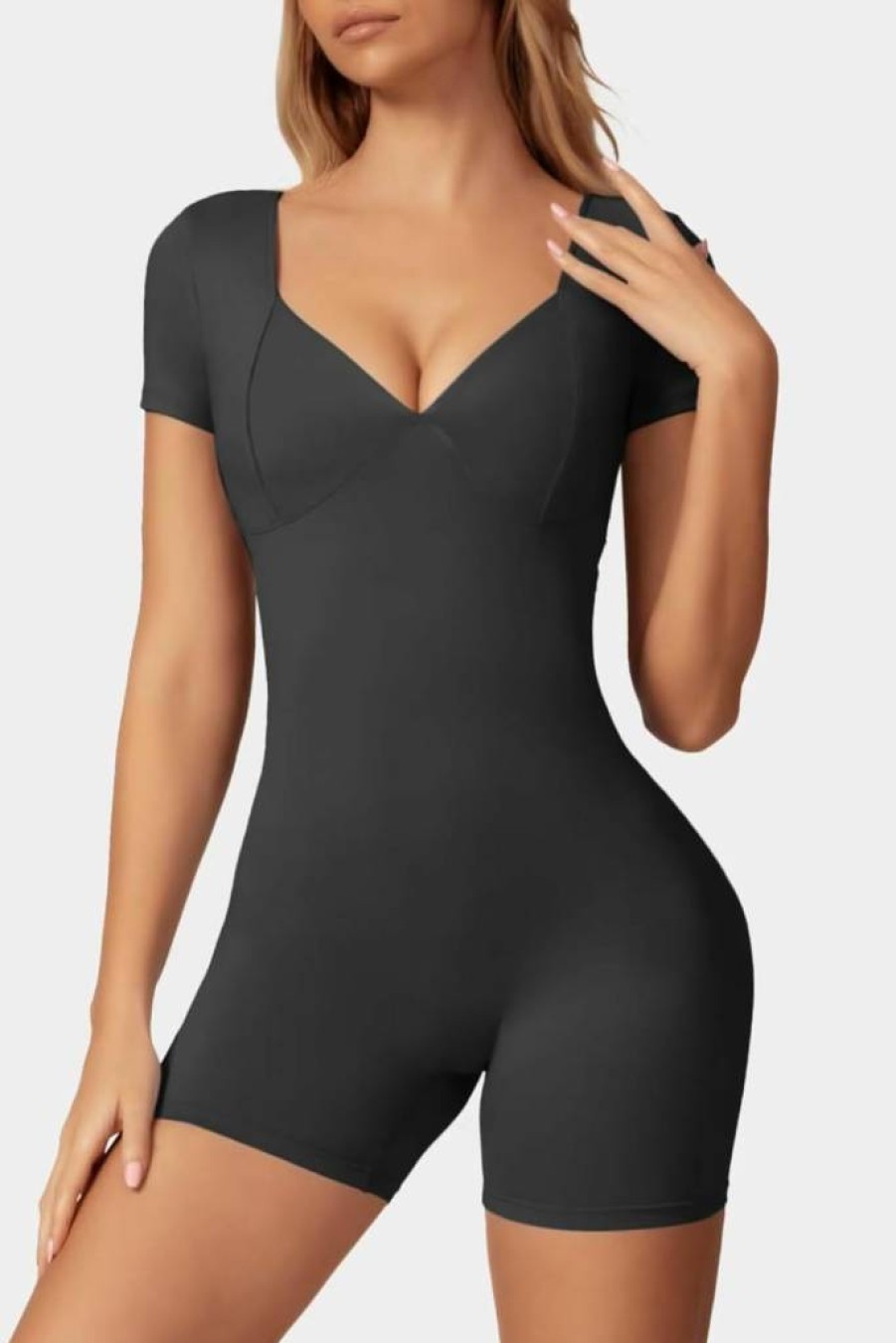Vertvie Women's V-Back Tummy Control Romper - Backless Yoga Jumpsuit for Workout & Summer